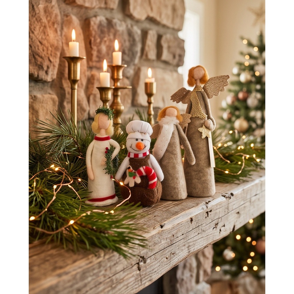 Lot of 4 Christmas Decor Felt Angel and Snowman Figurines TradeCie
